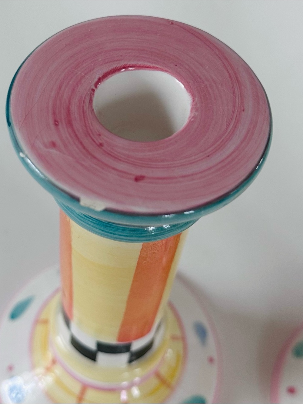 Hand-Painted Ceramic Candlestick Pair Pink Yellow Checkered Shabby Chic Cottage - Picture 4 of 8